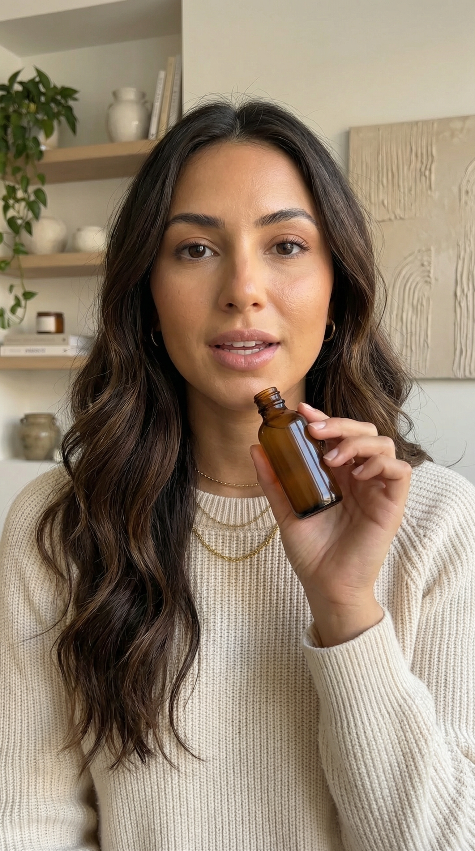 Photoreal portrait of a fictional product-review influencer holding an unlabeled amber bottle in a clean creator setup.